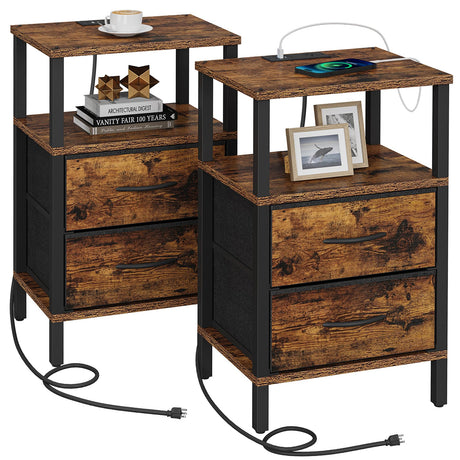 TUTOTAK End Table with Charging Station, Side Table with 2 USB Ports and Outlets, Nightstand with Cloth Drawer, Set of 2, Couch Table, Brown TB01BB067 TUTOTAK