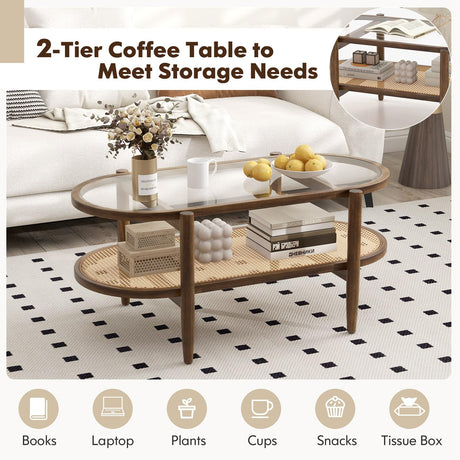 NAFORT 2-Tier Glass Coffee Table, 40" Oval Center Table with Tempered Glass Top, PE Wicker Storage Shelf, Farmhouse Modern Boho Tea Table for Living Room, Office, or Balcony (Bohemian, Brown) NAFORT