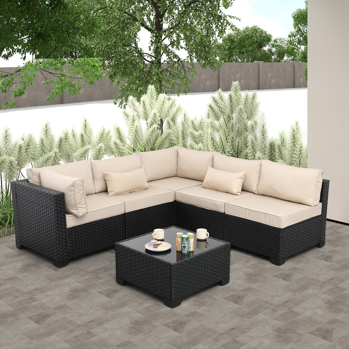Rattaner Patio Sectional 6 Pieces All-Weather Wicker Patio Furniture Set Outdoor Sectional with Glass Patio Table Non-Slip Cushions and Waterproof Covers, Khaki Rattaner
