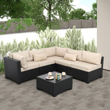 Rattaner Patio Sectional 6 Pieces All-Weather Wicker Patio Furniture Set Outdoor Sectional with Glass Patio Table Non-Slip Cushions and Waterproof Covers, Khaki Rattaner