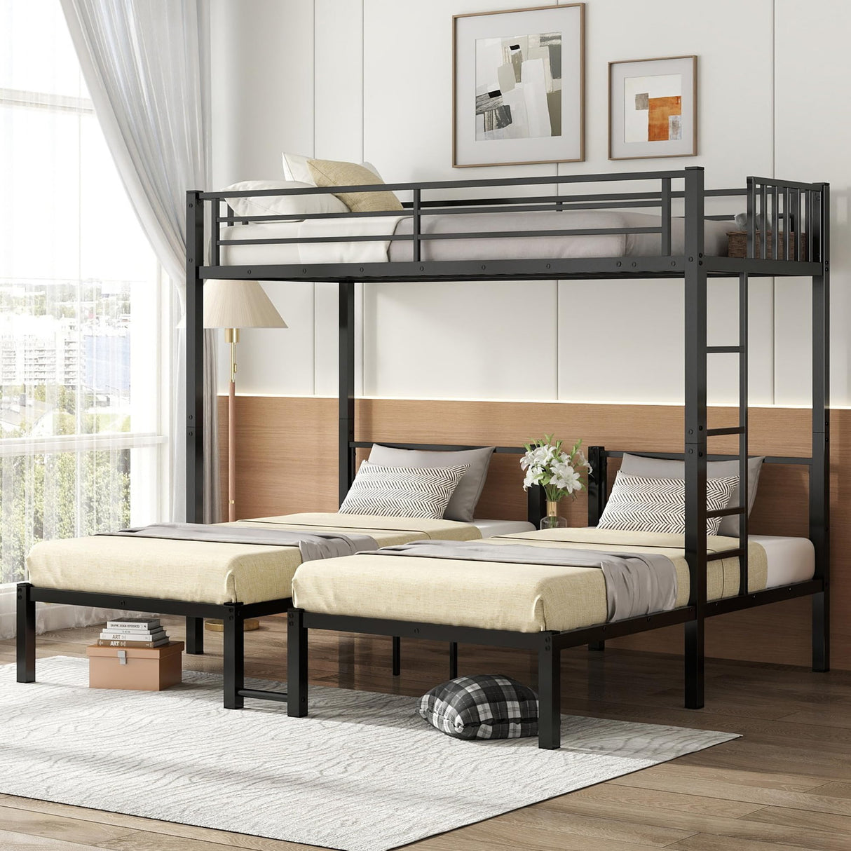 Bellemave Triple Bunk Bed for Kids, Detachable Twin Over Twin Over Twin Metal Bunk Bed with Guardrails, Ladder & Storage, Converts to 3 Separate Twin Beds, Easy to Assemble (3 Bunk Beds for Kids) Bellemave