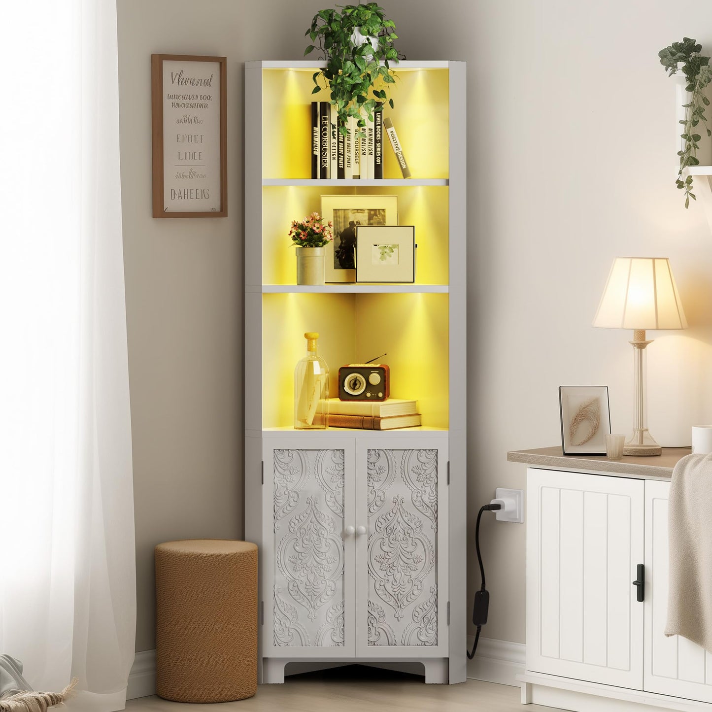 DWVO Tall Storage Cabinet with LED Lights, 67" Modern Corner Cabinet with 2 Carved Doors, Freestanding Corner Kitchen Cabinet for Bathroom, Kitchen, Living Room, White