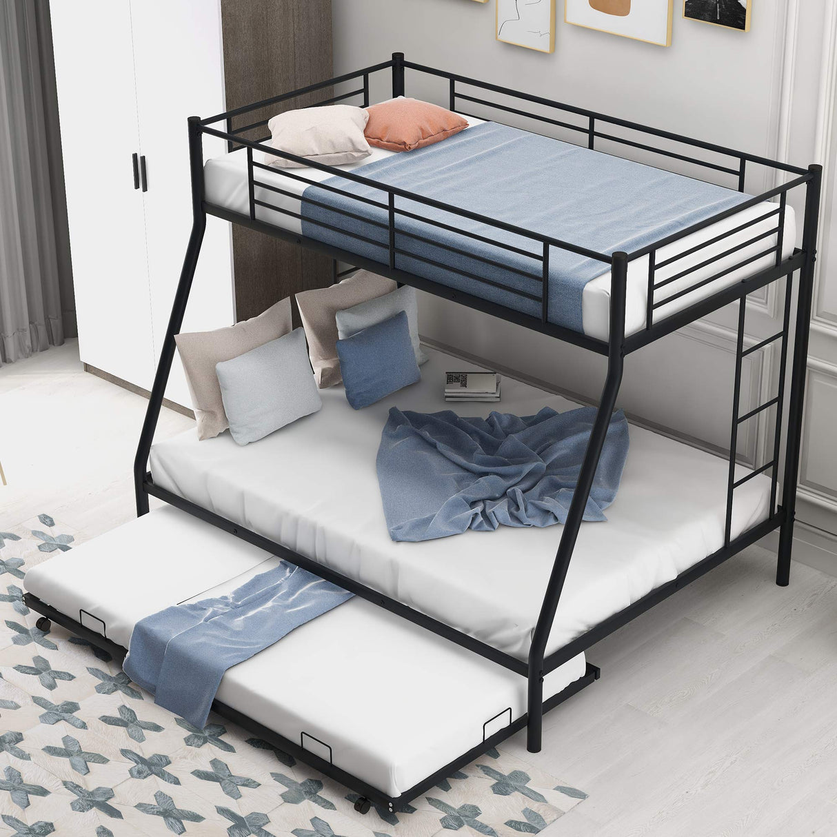 Twin Over Full Bunk Beds with Trundle, Metal Trundle Bed Frame with Safety Rails and Ladder for Bedroom, Black Flieks