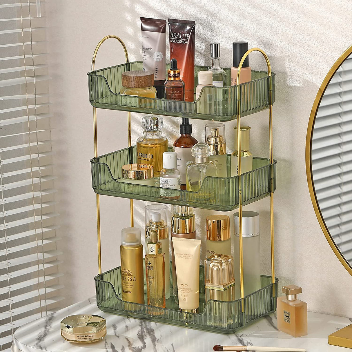 Shuang Qing Bathroom Counter Organizer - Countertop Storage, Cosmetics & Skincare Shelf, Makeup & Perfume Organizer, Spice Rack for Kitchen (3 Tier - Green) shuang qing