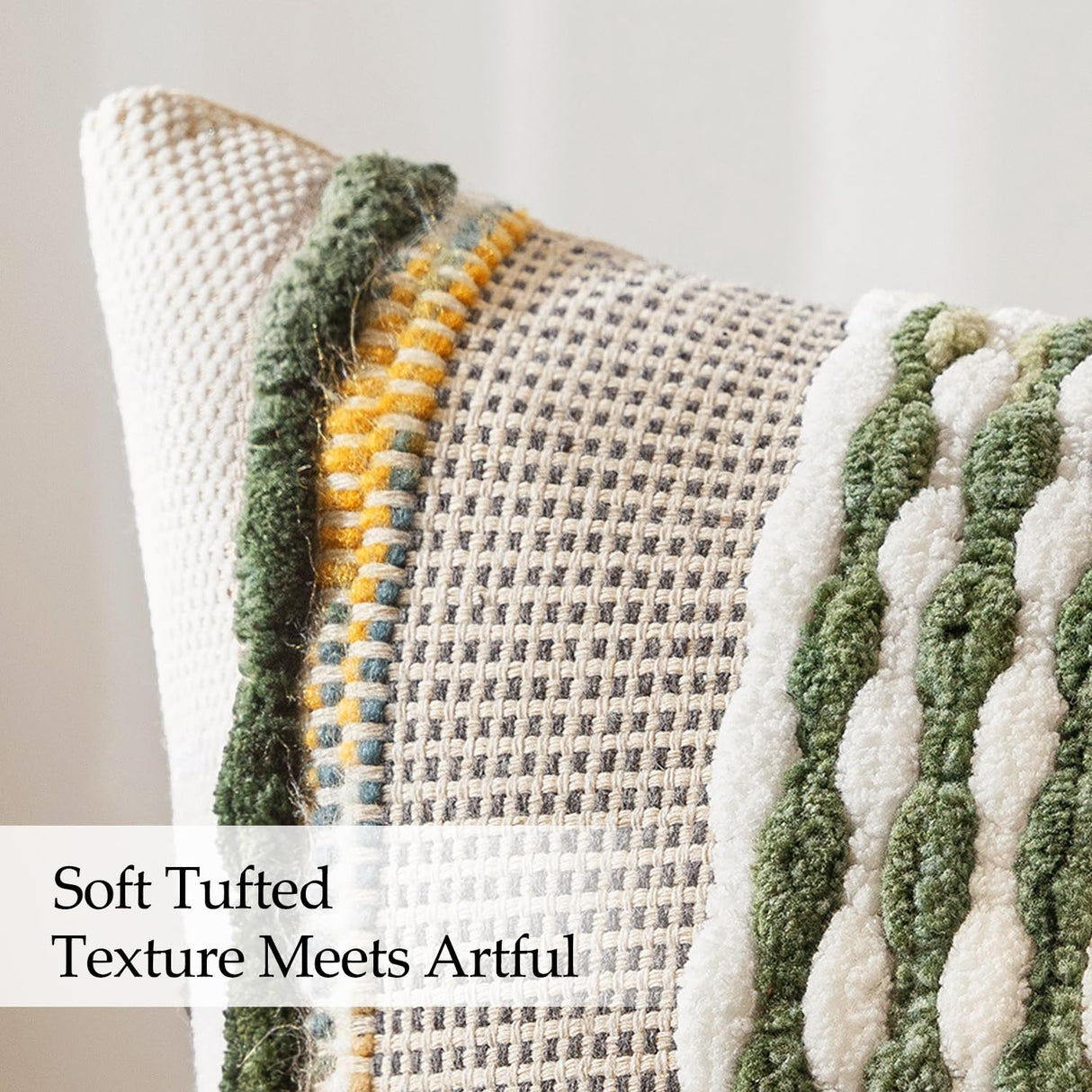 ANRODUO Pack of 2 Boho Decorative Throw Pillow Covers 18x18 Farmhouse Cushion Case Striped Chenille Pillow Cases Square Pillow Covers Accent Neutral Pillowcase for Sofa Couch Bed, Olive Green Stripe ANRODUO