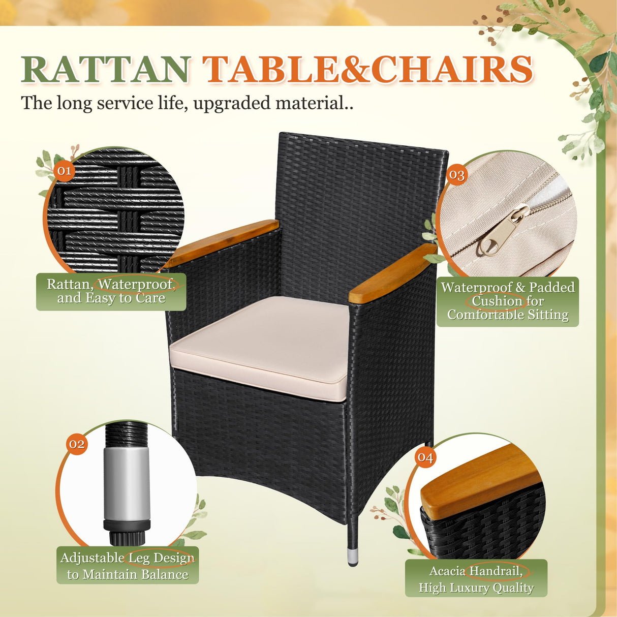 Greesum 7 Pieces Outdoor Patio Dining Set, Conversation Sets with 1 Table and 6 Rattan Chairs with Curved Acacia Wooden Armrests and Cushions, Black Greesum