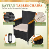 Greesum 9 Pieces Outdoor Patio Dining Set, Conversation Sets with 1 Table and 8 Rattan Chairs with Curved Acacia Wooden Armrests and Cushions, Black Greesum