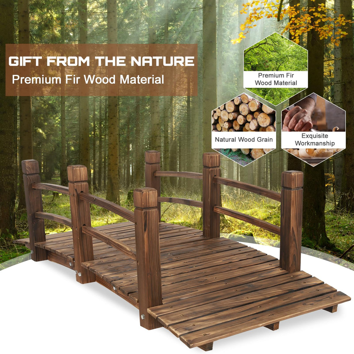 HOMEDIARY Fir Wood Garden Bridge, Outdoor Stained Finish Arc Footbridge Walkway with Double Safety Railings, Decorative Pond Bridge Landscaping for Backyard Farm Garden Creek Pond Decor, Carbonized HOMEDIARY