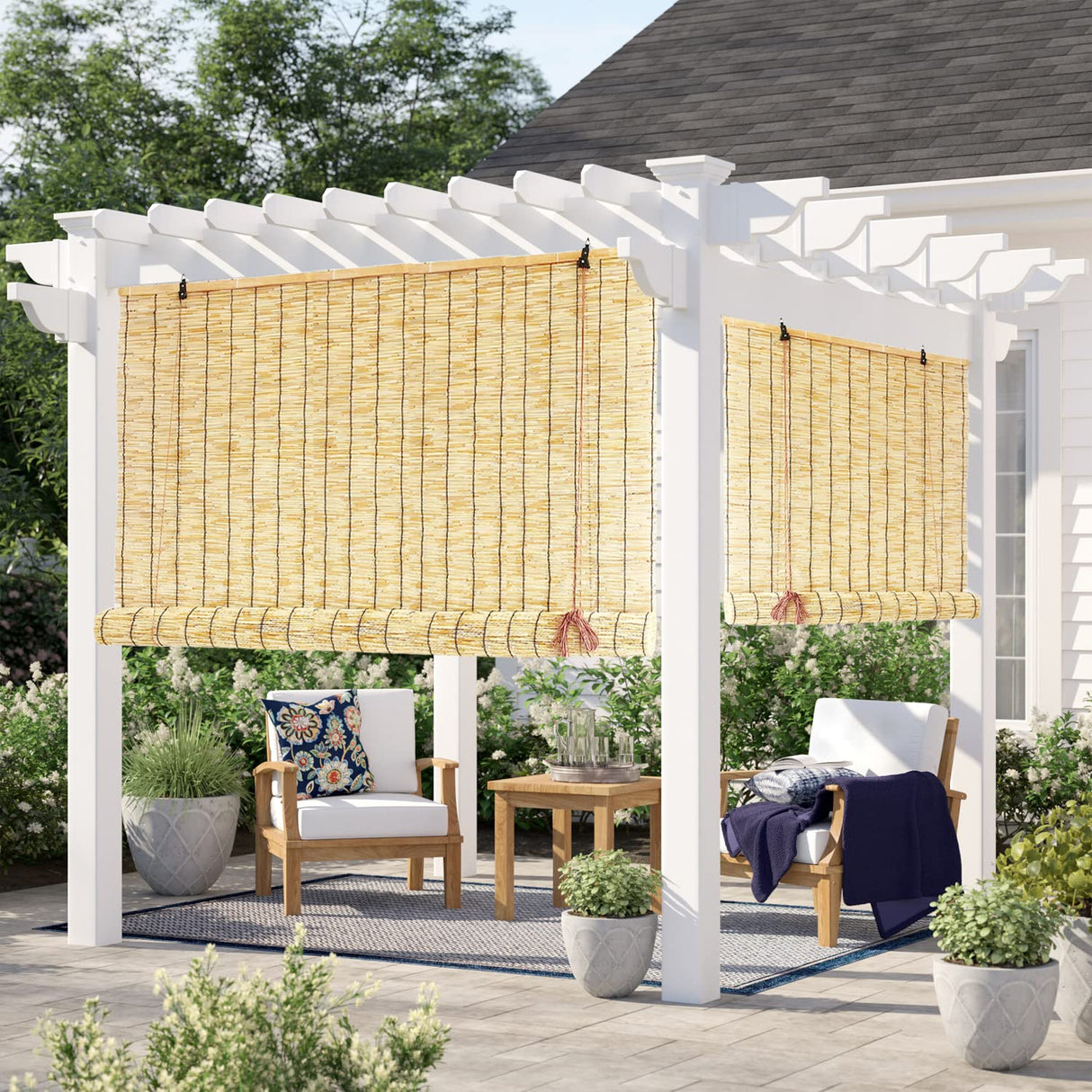 PHUSTJKL Blinds Roll Up Shade Bamboo Reed Roll Up with Lifter, Sun Protection Blackout Privacy Breathable Coffee Reed Curtains for Indoor/Outdoor, Easy to Install (Coffee-Black Line, 28x60in(WxH)) PHUSTJKL