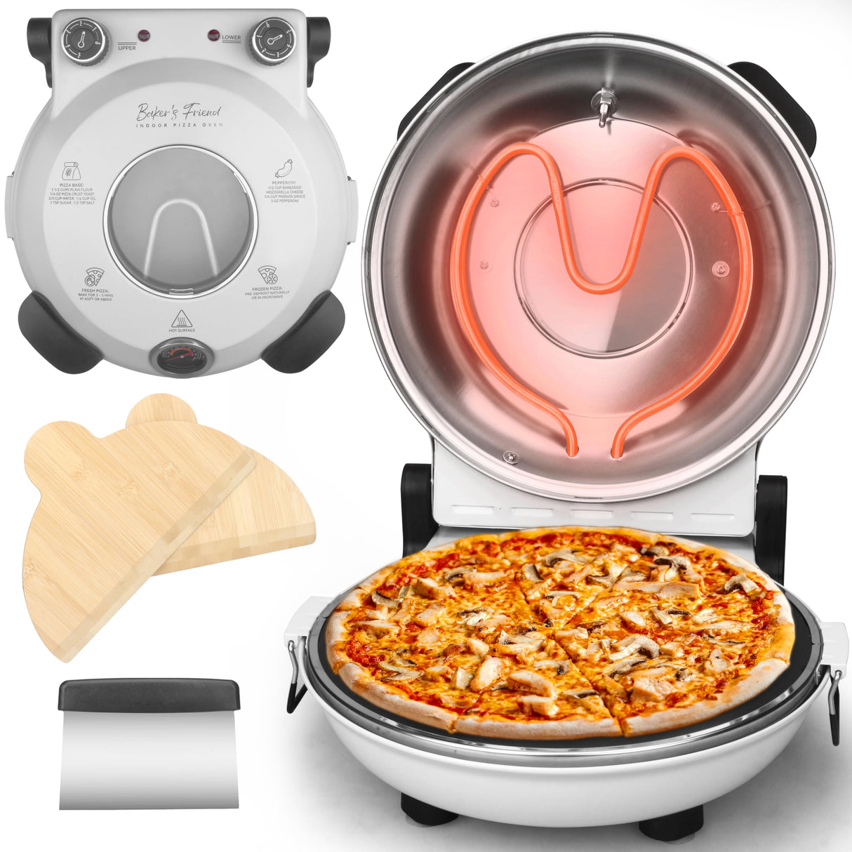 Baker’s Friend Electric Pizza Oven Indoor Countertop, 12 Inch Pizza Maker Machine for Home, Pizza Cooker & Pizza Grill, Premium Glazed Ceramic Stone Pizza Oven, Creamy White Baker's Friend