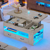 Itaar Lift Top Coffee Table, 4 in 1 Coffee Tables with Storage and Hidden Compartment, Farmhouse Coffee Table with 2 Fabric Drawers & LED Light for Living Room, Grey Oak Itaar