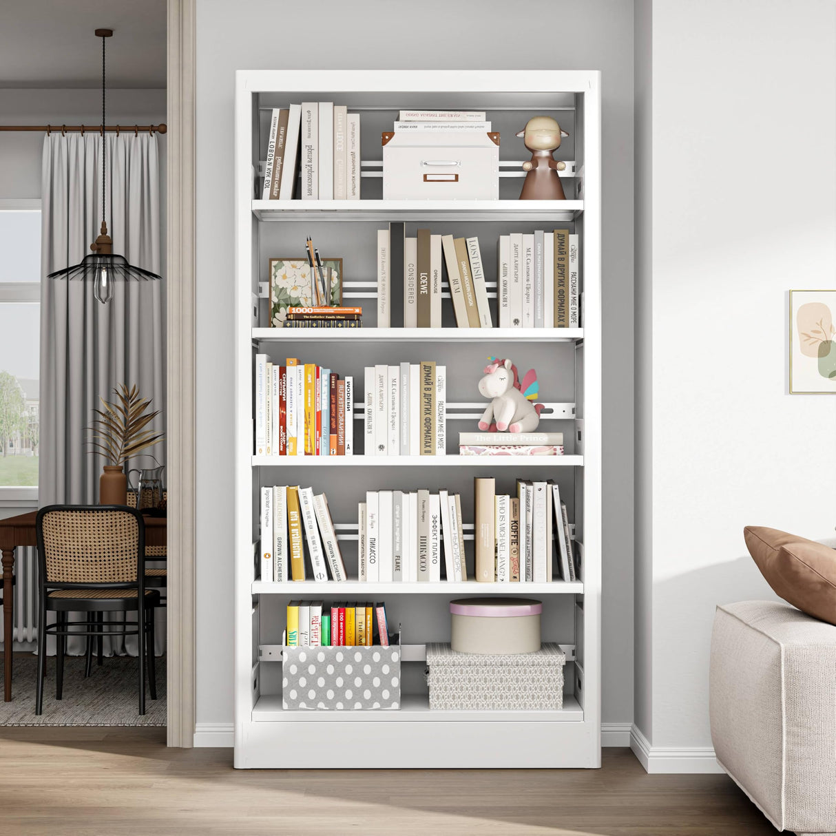 POKOKE 70.9" H Metal Bookshelf, Adjustable Bookcase, 5-Tier Heavy Duty Bookshelf with Bookend, Tall Bookshelves, Bookcase Shelf for Living Room, Office, Library,Classroom (White-37.4W) POKOKE