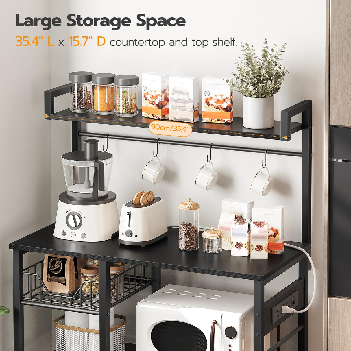 HOOBRO Kitchen Bakers Rack with Power Outlet, Coffee Bar, Microwave Oven Stand with Mesh Basket, Coffee Station with 4 S-Shaped Hook, Kitchen Shelf, for Kitchen, Living Room, Black BB05HB01 HOOBRO