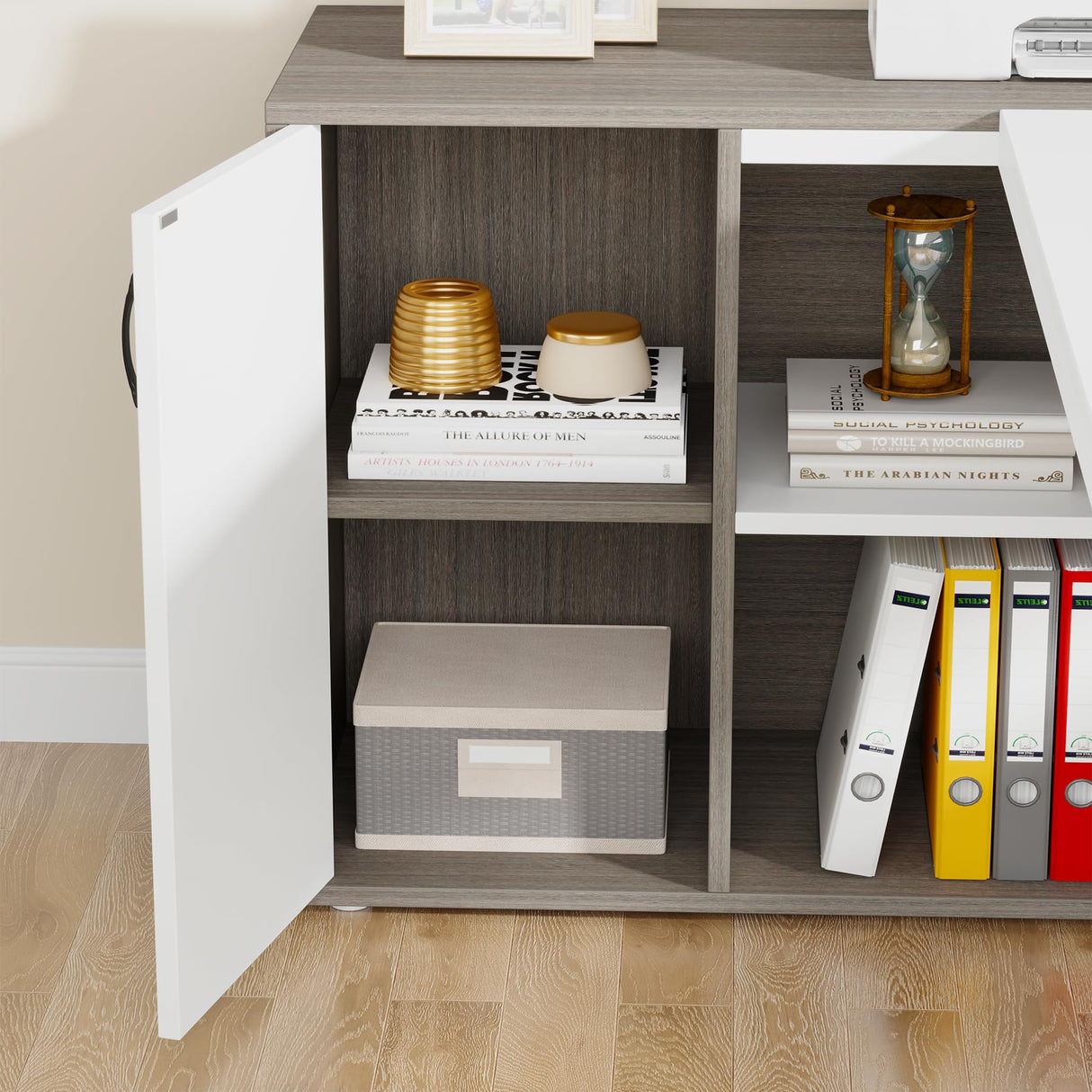 Tribesigns 71 inch Executive Desk, L Shaped Desk with Cabinet Storage, Executive Office Desk with Shelves, Business Furniture Set Workstation for Home Office, Gray and White Tribesigns