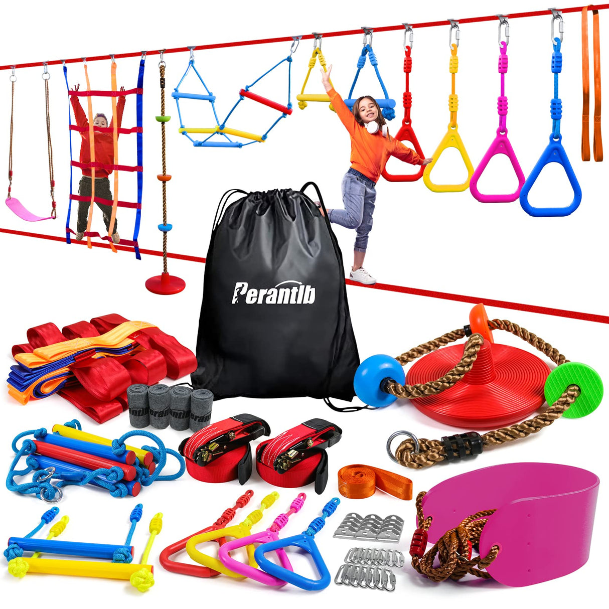 Ninja Warrior Obstacle Course for Kids-Playground Fitness Equipment Ninja Slackline with Multiple Accessories for Kids,Contain Swings,Rope ladders,Rings,Ninja Couse for Kids Outside (2x56ft) Perantlb