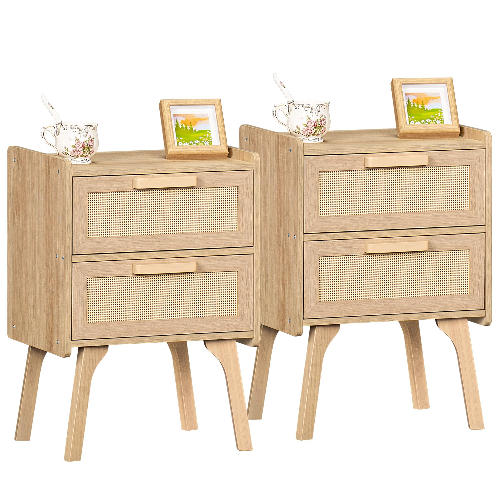 Lerliuo Rattan Nightstands Set of 2, Boho Night Stand with 2 Drawers, Cane Accent Side End Table, Bedside Table with Solid Wood Legs for Bedroom, Dorm and Small Spaces (Natural) - WoodArtSupply