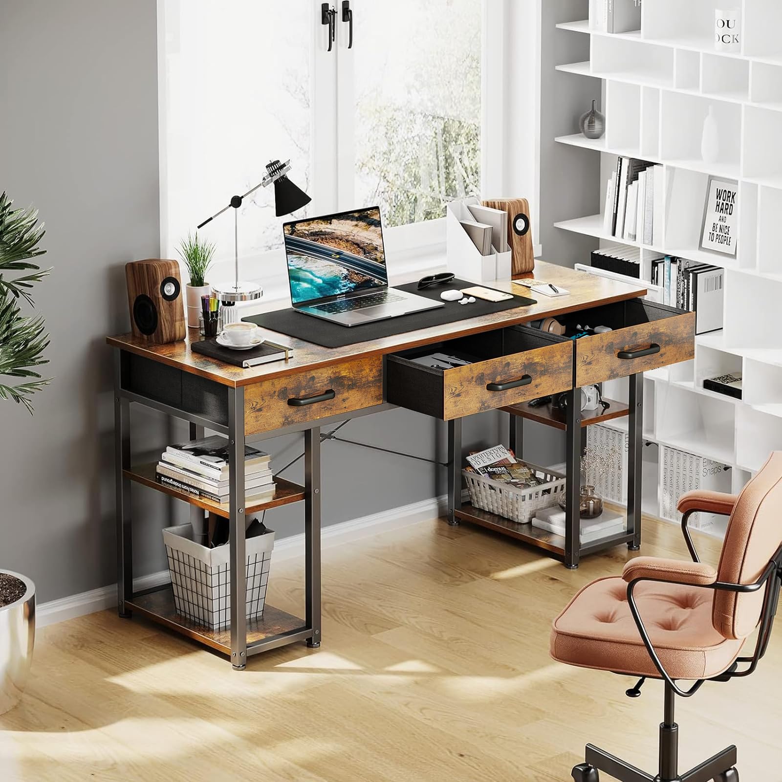 ODK Vintage Small Computer Desk with Fabric Drawers and Storage Shelves - Modern Writing Table, 48"x16" - WoodArtSupply