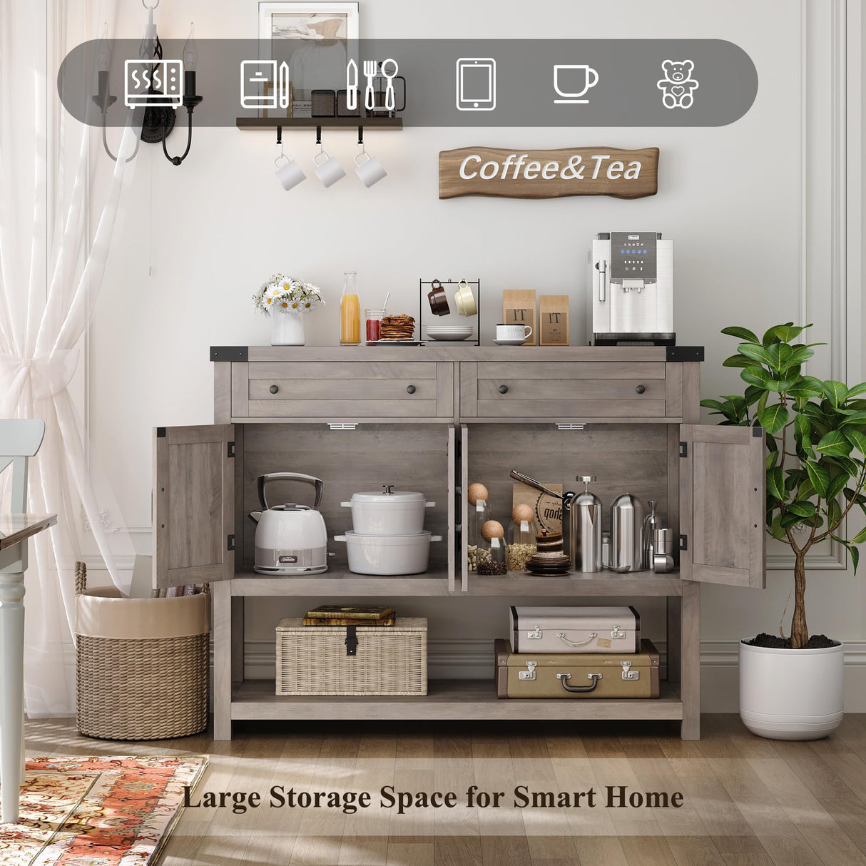 HOSTACK Buffet Sideboard Cabinet with Storage, 47.2" Modern Farmhouse Coffee Bar with 2 Drawers, Barn Doors Console Table with Shelf for Kitchen, Dining Room, Living Room, Entryway (Ash Grey) HOSTACK