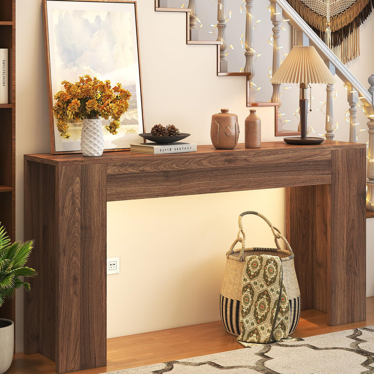 knoworld 63-Inch Long Console Table with LED Light, Farmhouse Sofa Table Behind Couch, Wooden Console Table for Entryway Hallway Entrance Living Room, Brown knoworld