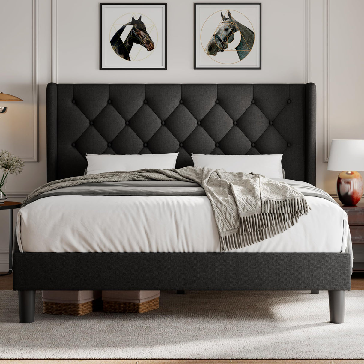 iPormis Queen Size Platform Bed Frame with Button Tufted Headboard, Upholstered Bed Frame with Solid Wooden Slats, 8" Underbed Space, No Box Spring Needed, Noise Free, Easy Assembly, Black iPormis