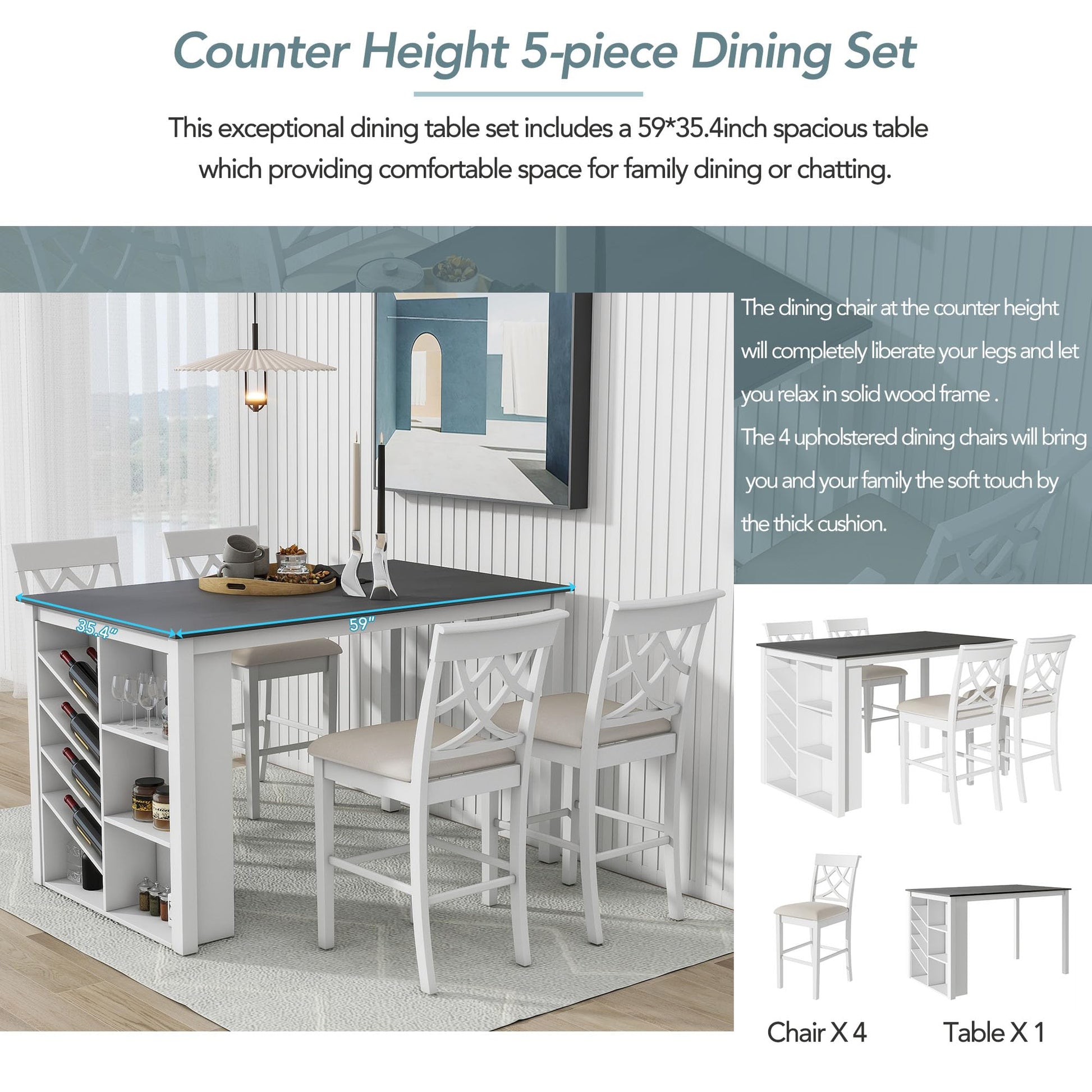 Harper & Bright Designs 5-Piece White Counter Height Dining Set with Wine Rack and Upholstered Chairs - WoodArtSupply