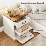 IRONCK Farmhouse Nightstand with Charging Station, Wooden Nightstands with Drawers, Bedside Table with Adjustable Storage Shelves for Bedroom, White IRONCK