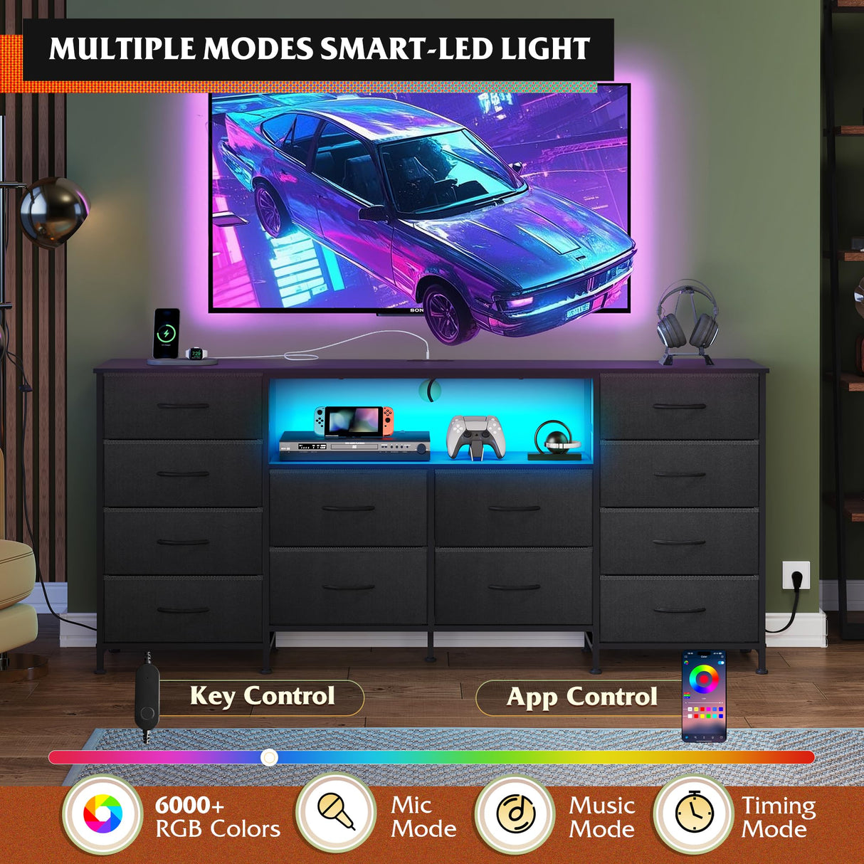 WLIVE 12 Drawer Dresser for Bedroom, Black Dresser TV Stand for 65, 70, 75 inch TV with Led Light & Charging Station, Wide Chest of Drawers with Open Shelves, Fabric Dressers for Closet, Living Room WLIVE