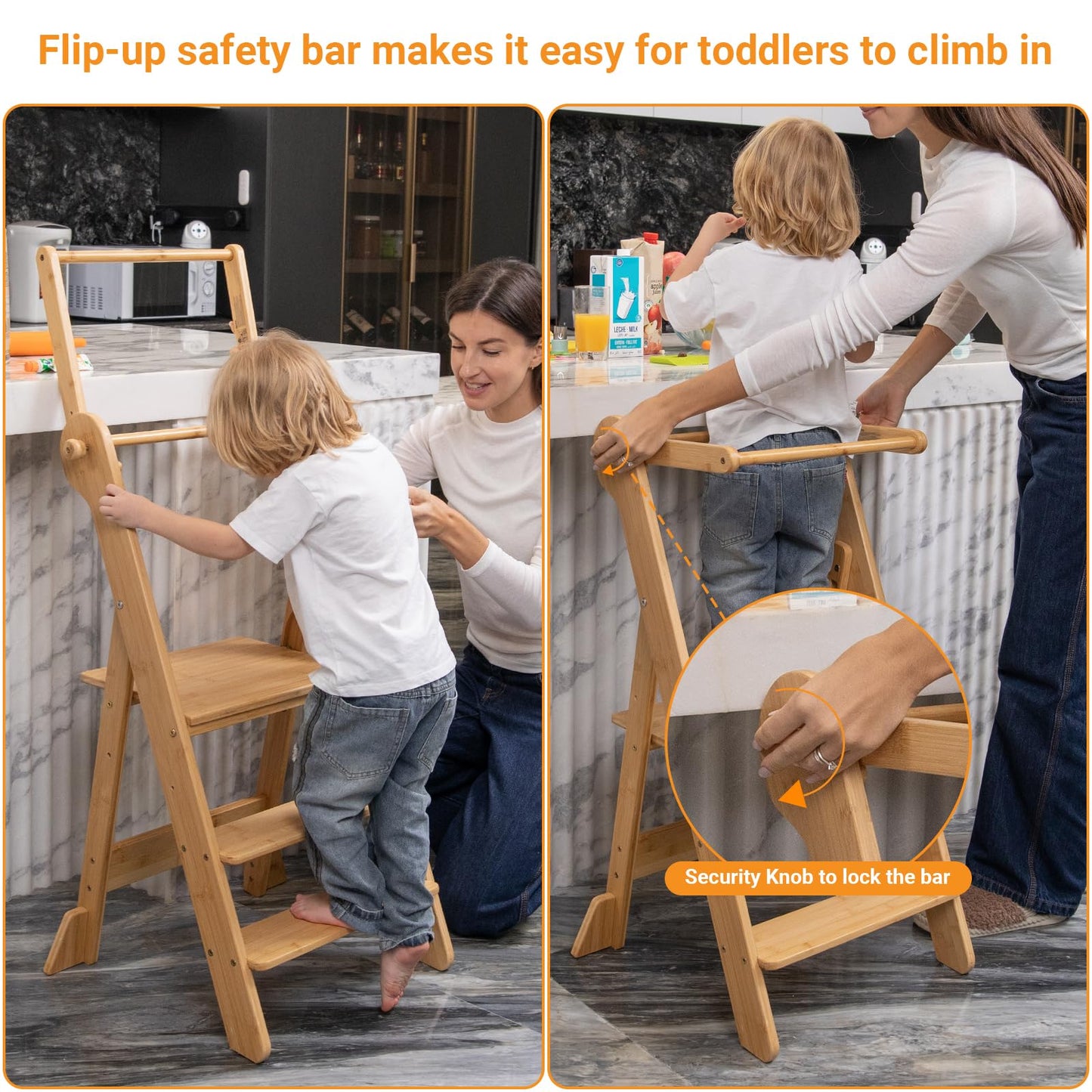 COSYLAND Foldable Toddler Standing Tower - Adjustable Height Folding Step Stool Kids Toddler Kitchen Stool Helper for Learning and Cooking - Ages 18 Months to 6 Years with Safety net Natural