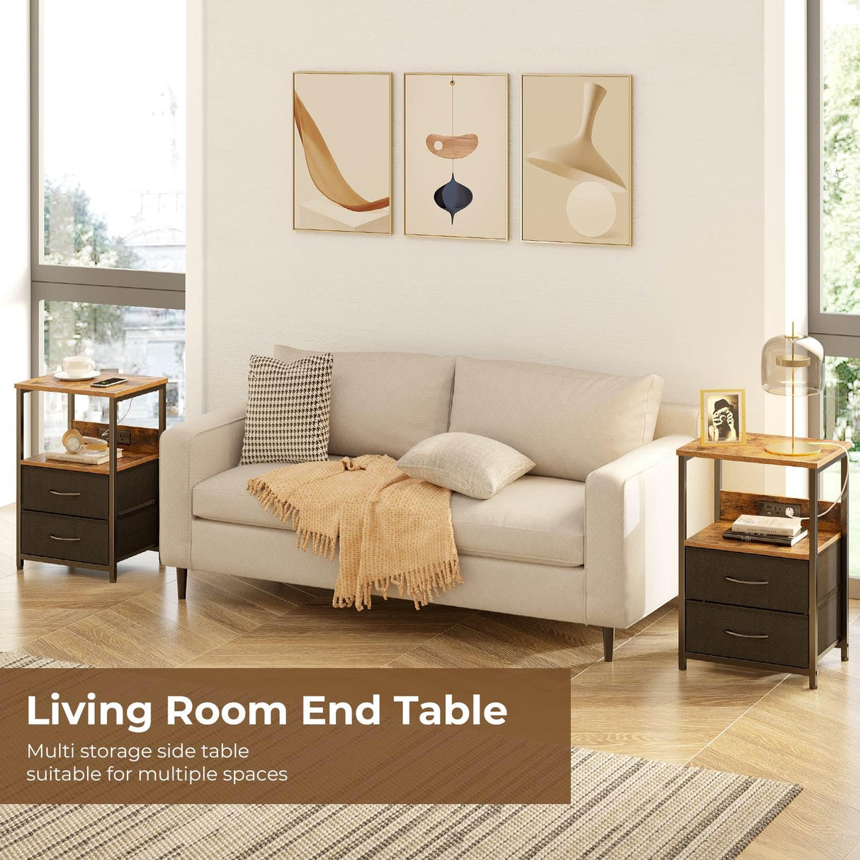 Seventable Nightstand Set of 2 with Charging Station, Bedside Table with LED Lights, Night Stand with 2 Fabric Drawers, 3-Tier Storage End Table for Bedroom, Rustic Brown Seventable