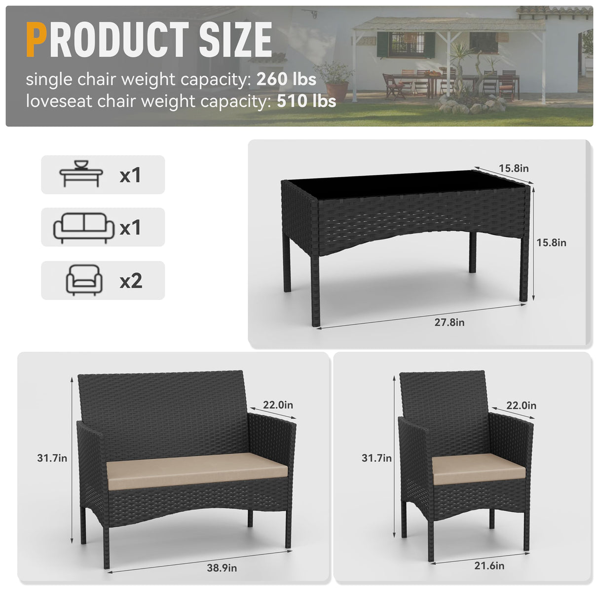 Kurapika Patio Furniture Set 4 Pieces Outdoor Wicker Rattan Chairs Conversation Sets w/Coffee Table, Rocking Bistro Set, for Patio Backyard Lawn (Sand) Kurapika