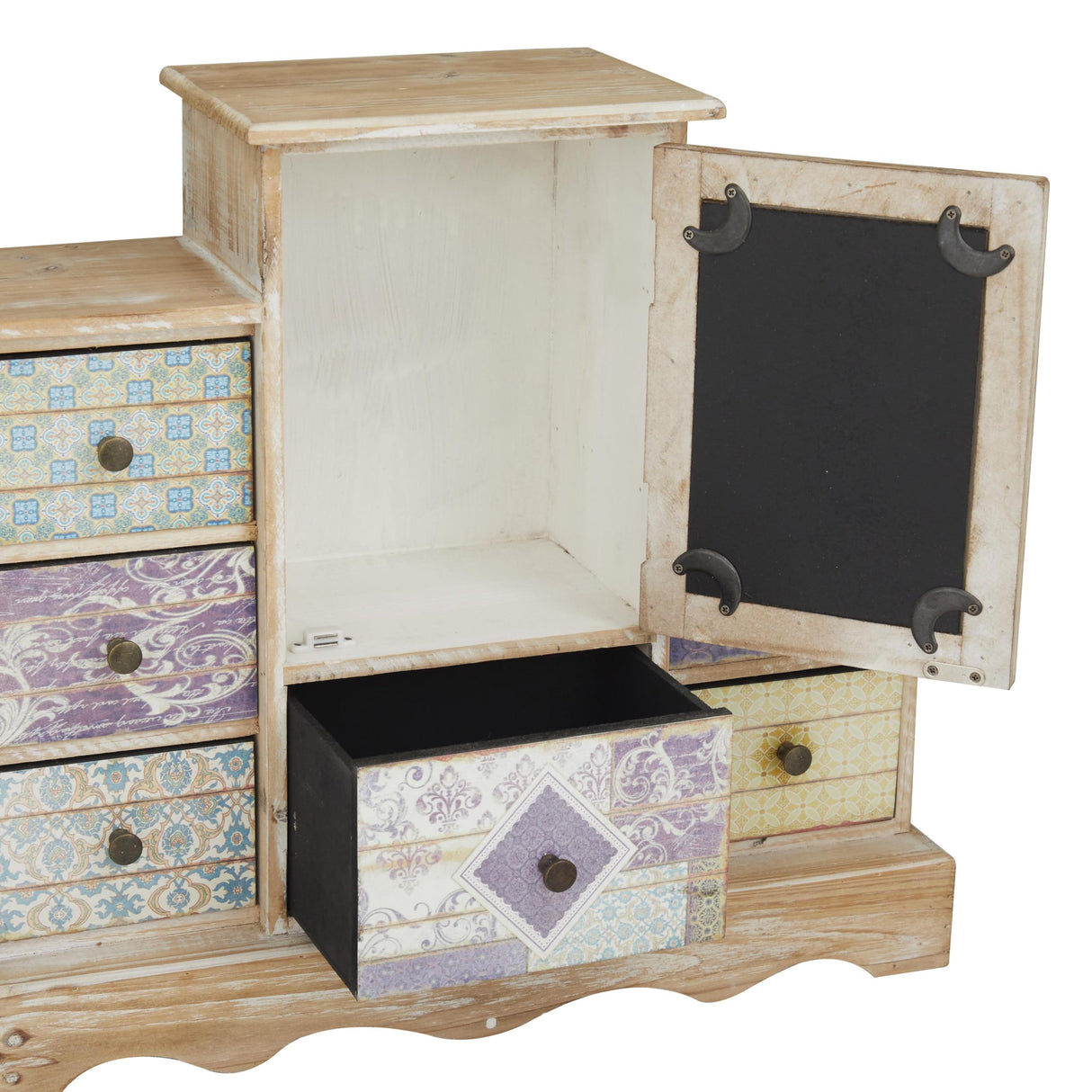 Deco 79 Wooden Decorative Jewelry Box 7 Drawers Jewelry Organizer with Patchwork Patterns, Jewelry Holder 18" x 6" x 16", Light Brown Deco 79