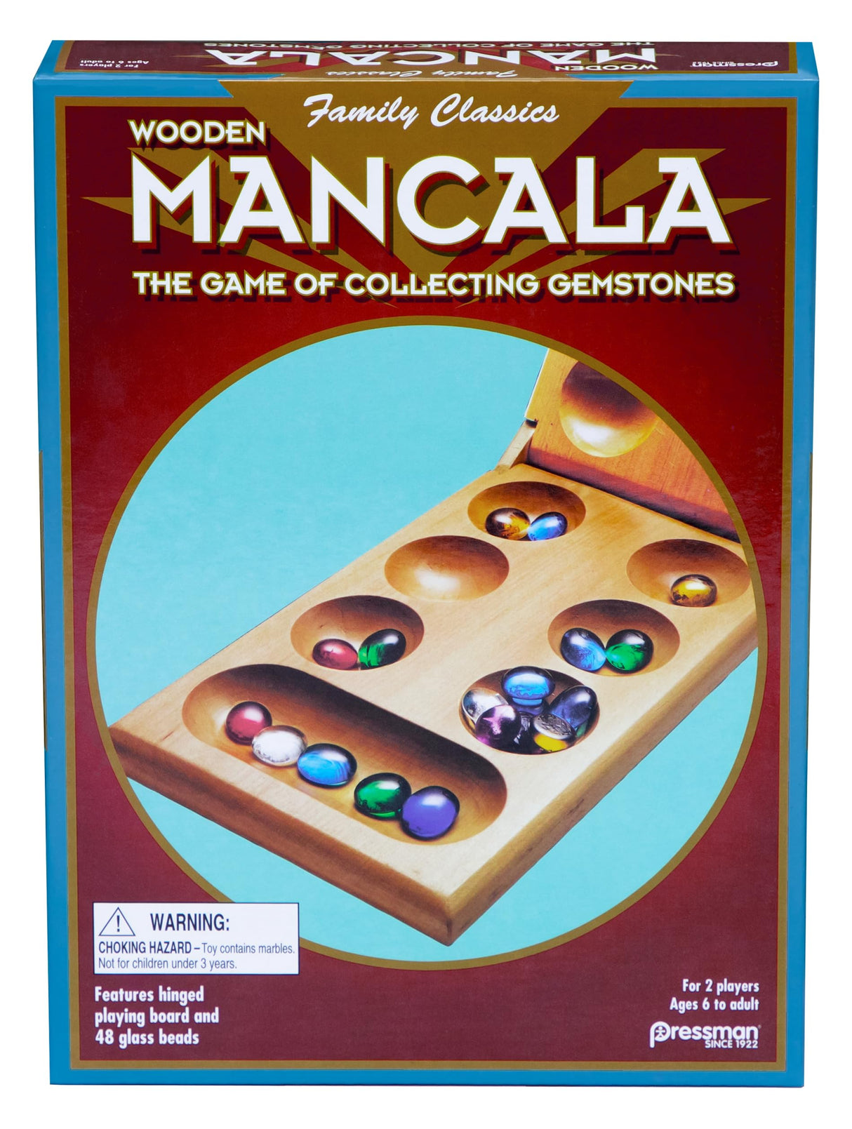 Pressman Mancala - Real Wood Folding Set, with Multicolor Stones by Pressman, 2 players Pressman