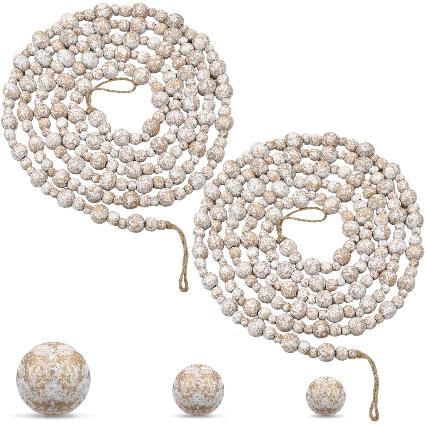 Ceenna 2 Pcs 18 Feet Christmas Wooden Beads Xmas Round Beads Garland Craft Bead Garland Farmhouse Wooden Beads for Christmas Decoration Supplies(White Frost)