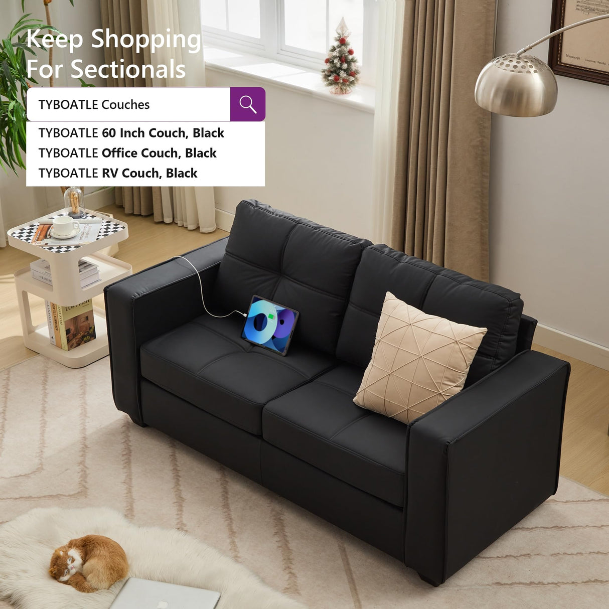 TYBOATLE 65" Black Faux Leather Sofa Couches for Living Room, Mid-Century Modern Tufted Comfy Small Loveseat w/USB Charging Ports and Wide Arms, 2 Seater Office Small Couch for Small Space Bedroom TYBOATLE