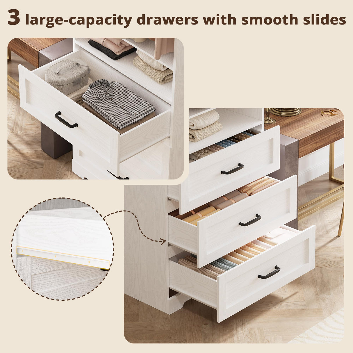 IRONCK Freestanding Closet System with 3 Wood Drawers, Modern Armoire Wardrobe with Adjustable Shelves & Hanging Rod, Walk-in Closet Systems Organizer for Small Closet, White IRONCK