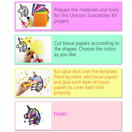 VHALE Suncatchers Craft 3 Sets (9 Cutouts) w Tissue Papers Stained Glass Effect Paper Sun Catcher Kit, Window Art, Classroom Crafts, Creative Art Projects, Kids Party Favors (Unicorn) VHALE