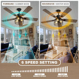 NEWORB 52 Inch Farmhouse Ceiling Fan with Light and Remote, Rustic 3-Light Caged Fan, 5 Dual Finish Blades, Industrial Black Fan for Bedroom, Patio, Living Room NEWORB