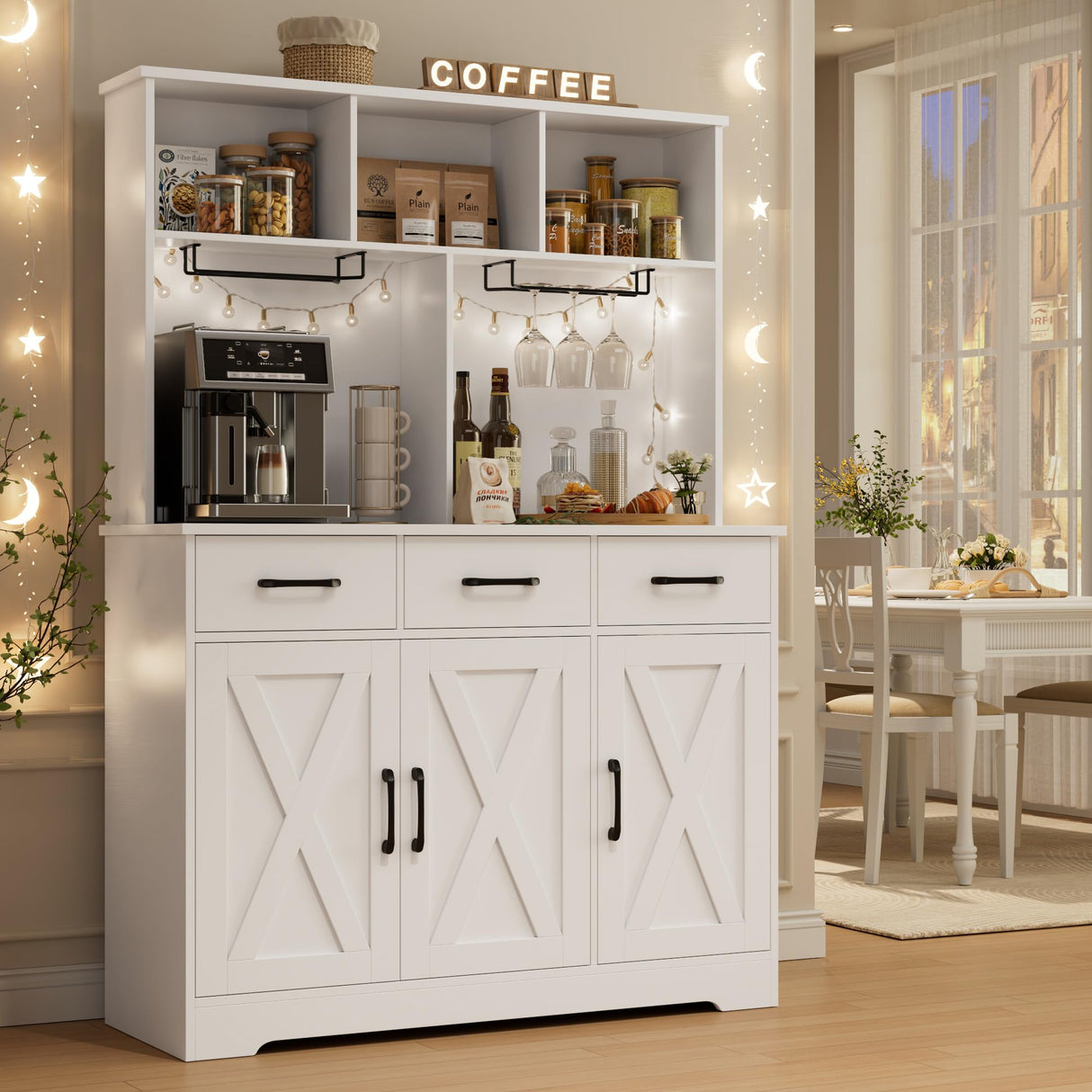 HOSTACK Buffet Cabinet with Hutch, Modern Farmhouse Kitchen Buffet Sideboard Storage Cabinet with 3 Drawers, Barn Door Coffee Bar Station, Liquor Cabinet for Dining Room, Living Room, White HOSTACK