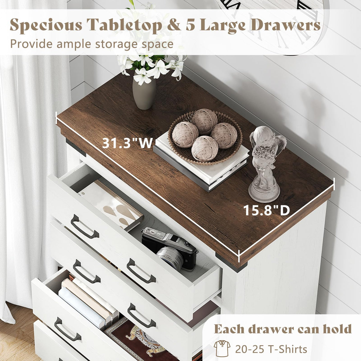 AMERLIFE Farmhouse 5 Drawers Dresser Chests for Bedroom, 48" Tall Wood Rustic Chest of Drawers/w Thick Plank Styling, Heavy Duty Closet Storage Dresser Organizer, Living Room, Hallway, Antique White AMERLIFE