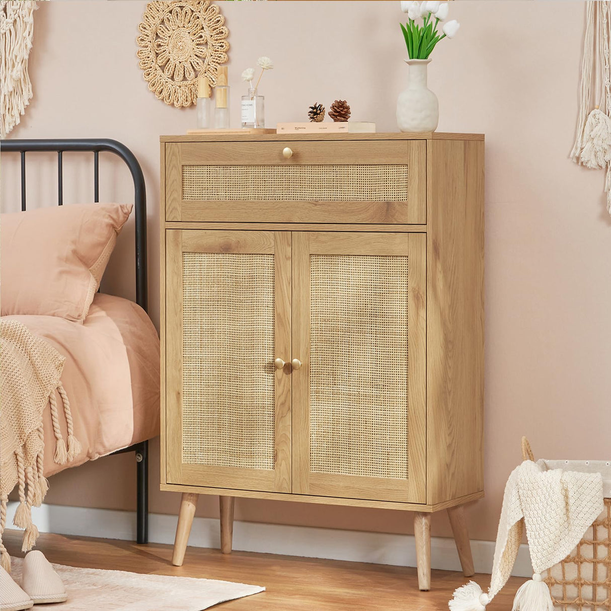 Iwell Storage Cabinet with Rattan Doors, Rattan Cabinet with Large Drawer & Adjustable Shelf, Accent Cabinet for Kitchen, Dining Room, Living Room, Entryway, Natural Iwell