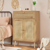 Iwell Storage Cabinet with Rattan Doors, Rattan Cabinet with Large Drawer & Adjustable Shelf, Accent Cabinet for Kitchen, Dining Room, Living Room, Entryway, Natural Iwell