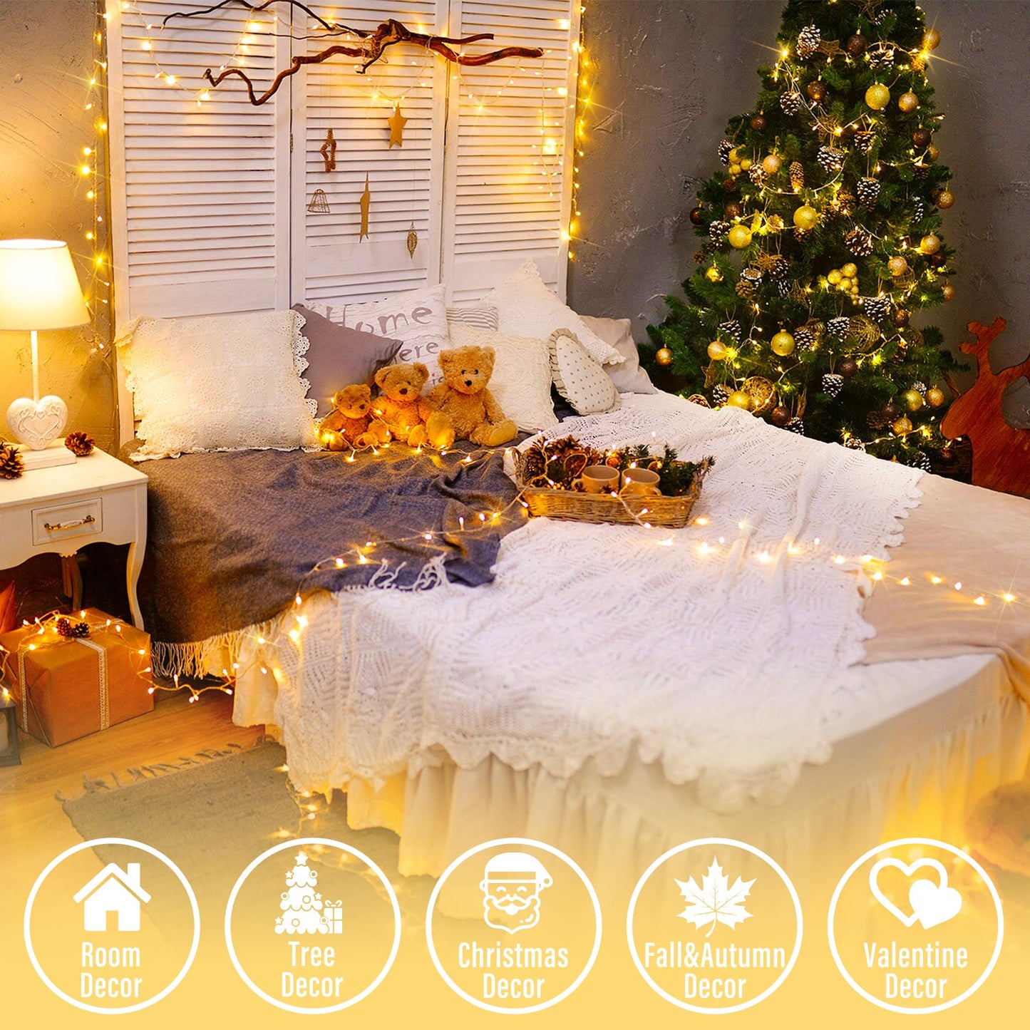 JMEXSUSS 200 LED Christmas Lights Indoor Outdoor, Connectable Warm White Christmas Tree Lights Clear Wire, 66 Ft Twinkle Fairy String Lights Plug in for Bedroom Wedding Christmas Tree Decorations