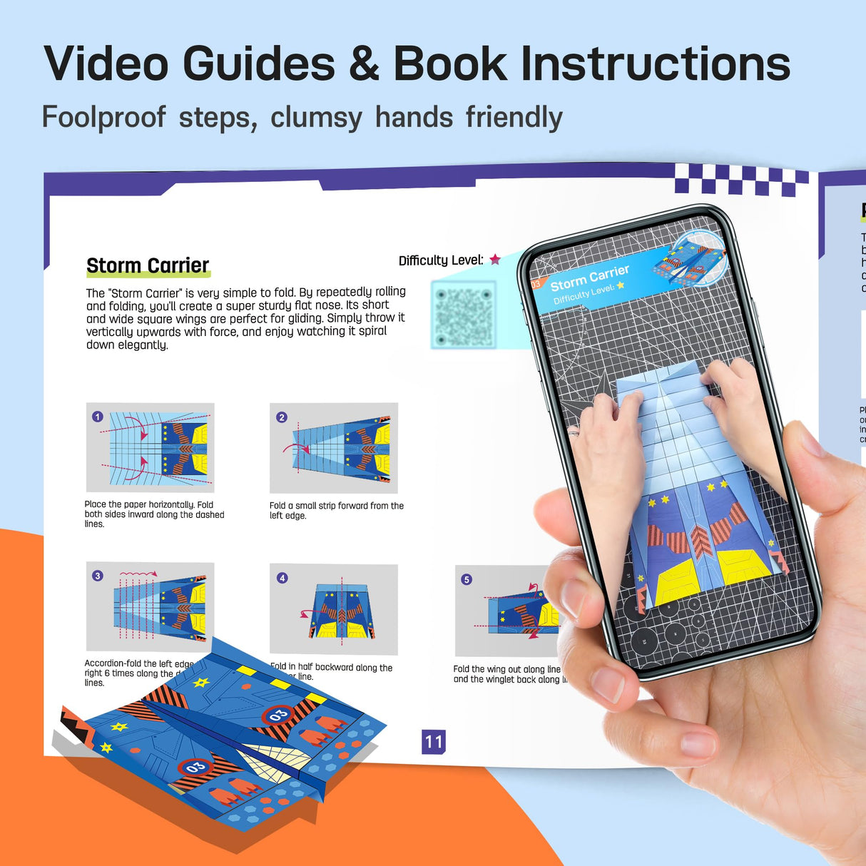 Leven DIY Paper Airplane Book, 16 Creative Folding Paper Planes with 48 Sheets of Colorful Origami Paper, Arts & Crafts Kit with Video Tutorials – Gifts for Boys and Girls Ages 6–12+ 11 * 8.3 inches Leven