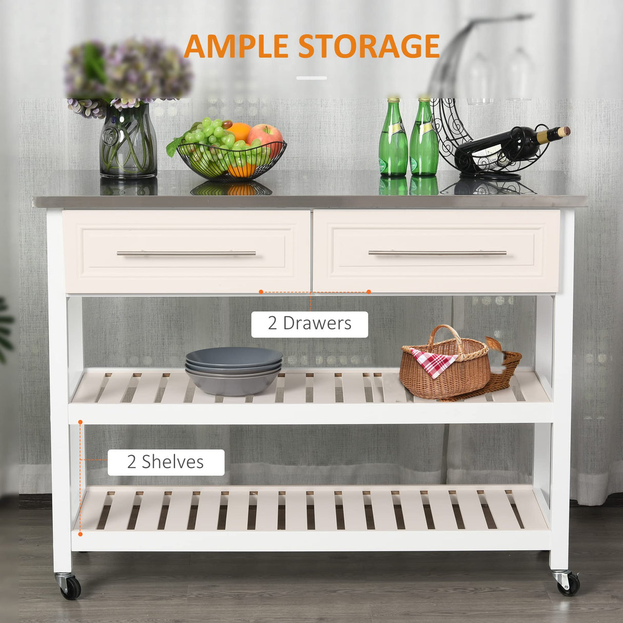 HOMCOM Kitchen Island with Stainless Steel Top, Traditional Kitchen Island with Storage, 2-Tier Open Shelves, Drawers, White HOMCOM