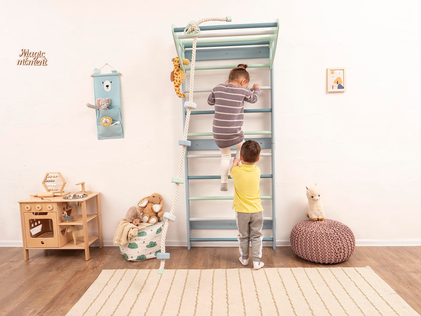 Woodandhearts Swedish Ladder Wall Kids, Swedish Ladder Gym, Indoor Monkey Bars with Climbing Rope with Wooden Spheres in Turquoise and Mint Color