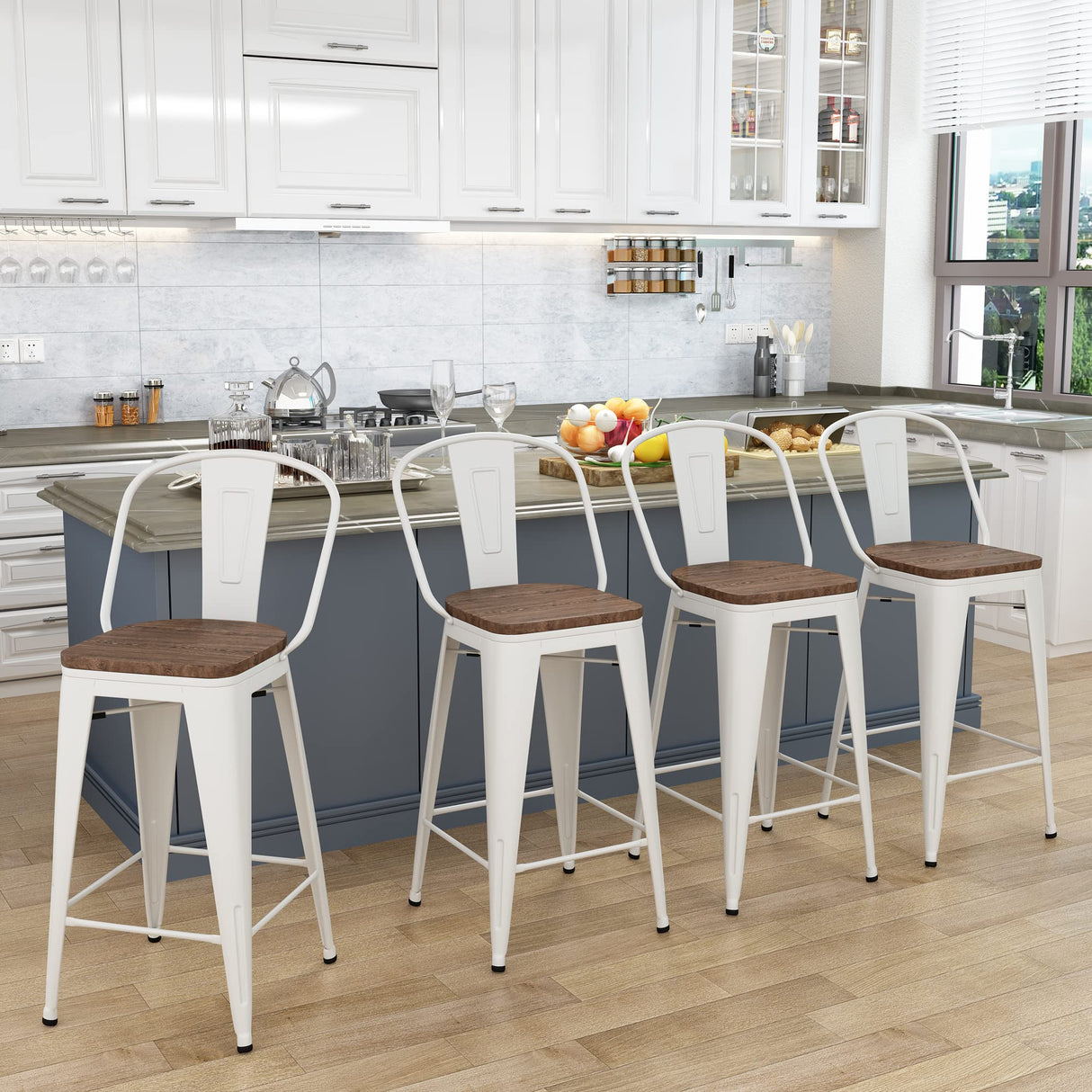 Yongqiang 30 inch Bar Stools Set of 4 Farmhouse Bar Height Stools High Back Kitchen Bar Chairs Cream White Metal Barstools with Large Wooden Seat Yongqiang