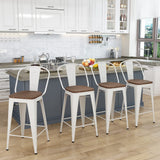 Yongqiang Metal Bar Stools Set of 4 Kitchen Island Counter Height Bar Stools High Back Farmhouse Barstools with Large Wooden Seat 24 inch Cream White Yongqiang