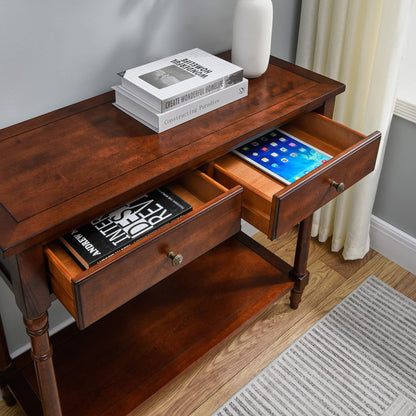 JESONVID Solid Wood Console Table with 2 Drawers, 2-Tier 35.4" X 30" Accent Sofa Table with Multilayer Storage Shelf Rustic Hall Entryway Tables for Living Room Home Office-Brown - WoodArtSupply