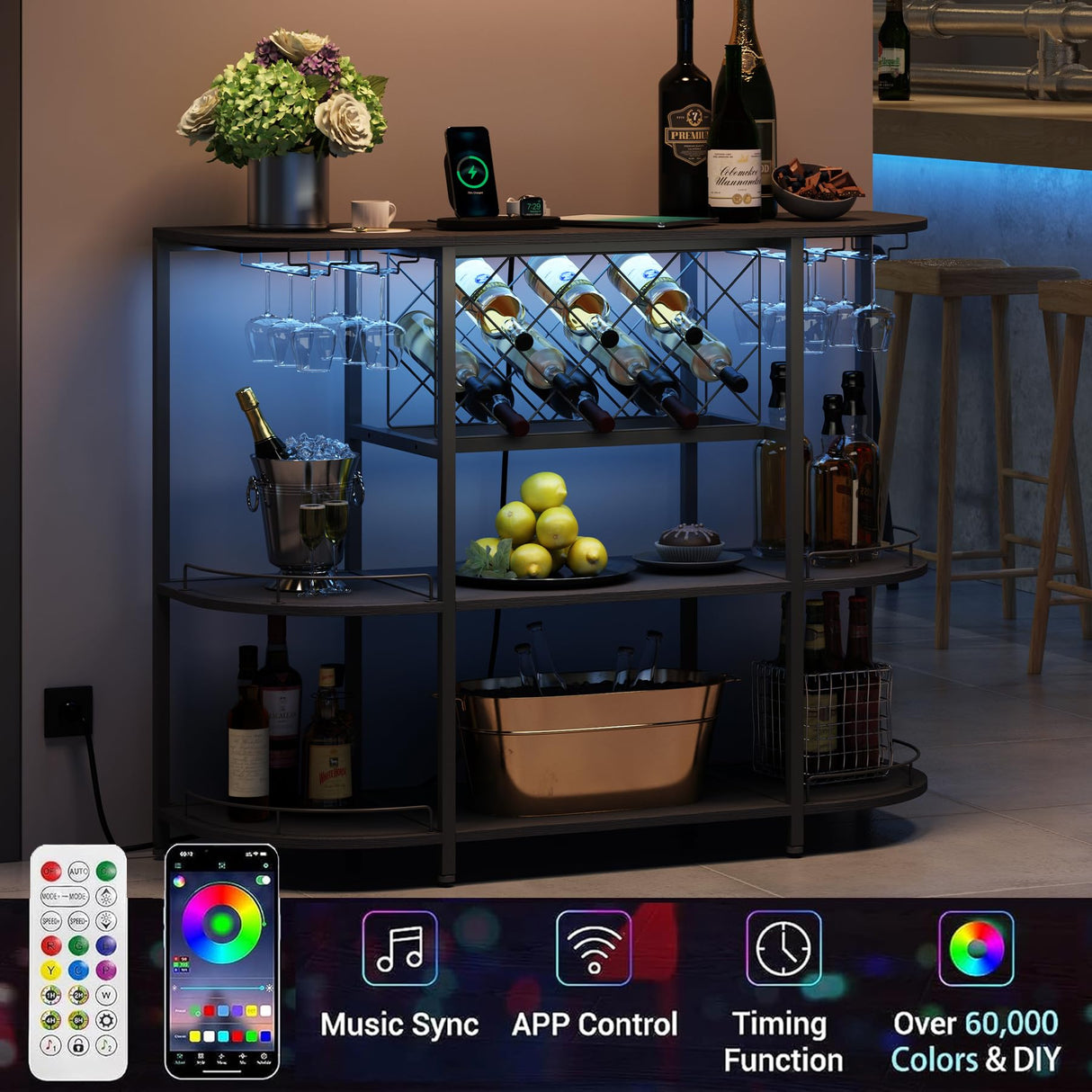 ZOPEND Wine Cabinet Coffee Table with Power Socket and LED Light, Three Tiers Coffee Bar Table Wine Rack Liqour Bar with Large Storage for Home Kitchen (Black) ZOPEND