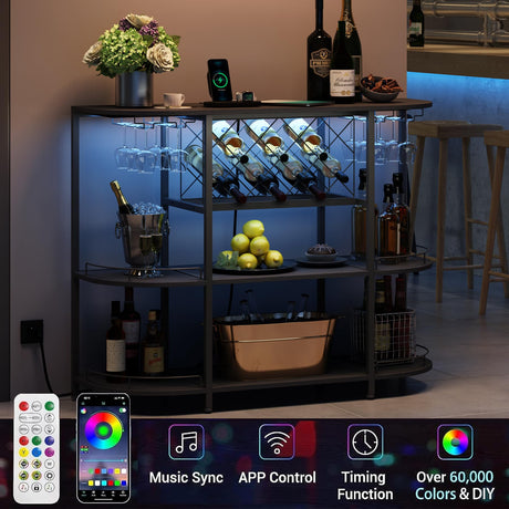 ZOPEND Wine Cabinet Coffee Table with Power Socket and LED Light, Three Tiers Coffee Bar Table Wine Rack Liqour Bar with Large Storage for Home Kitchen (Black) ZOPEND